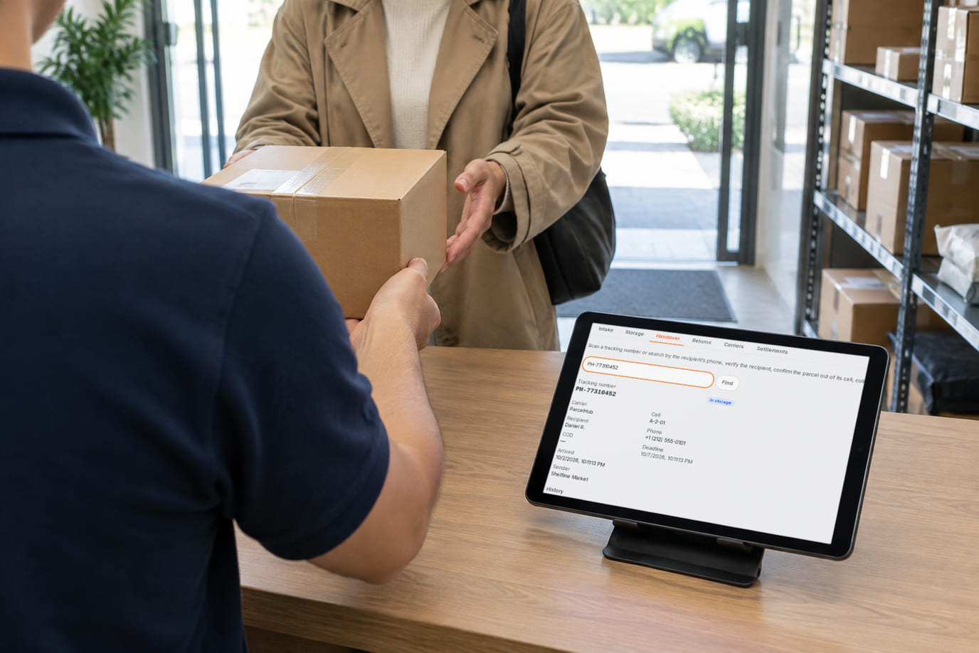 A pickup-point worker hands a parcel to a customer; a tablet shows the handover screen with the storage cell and recipient