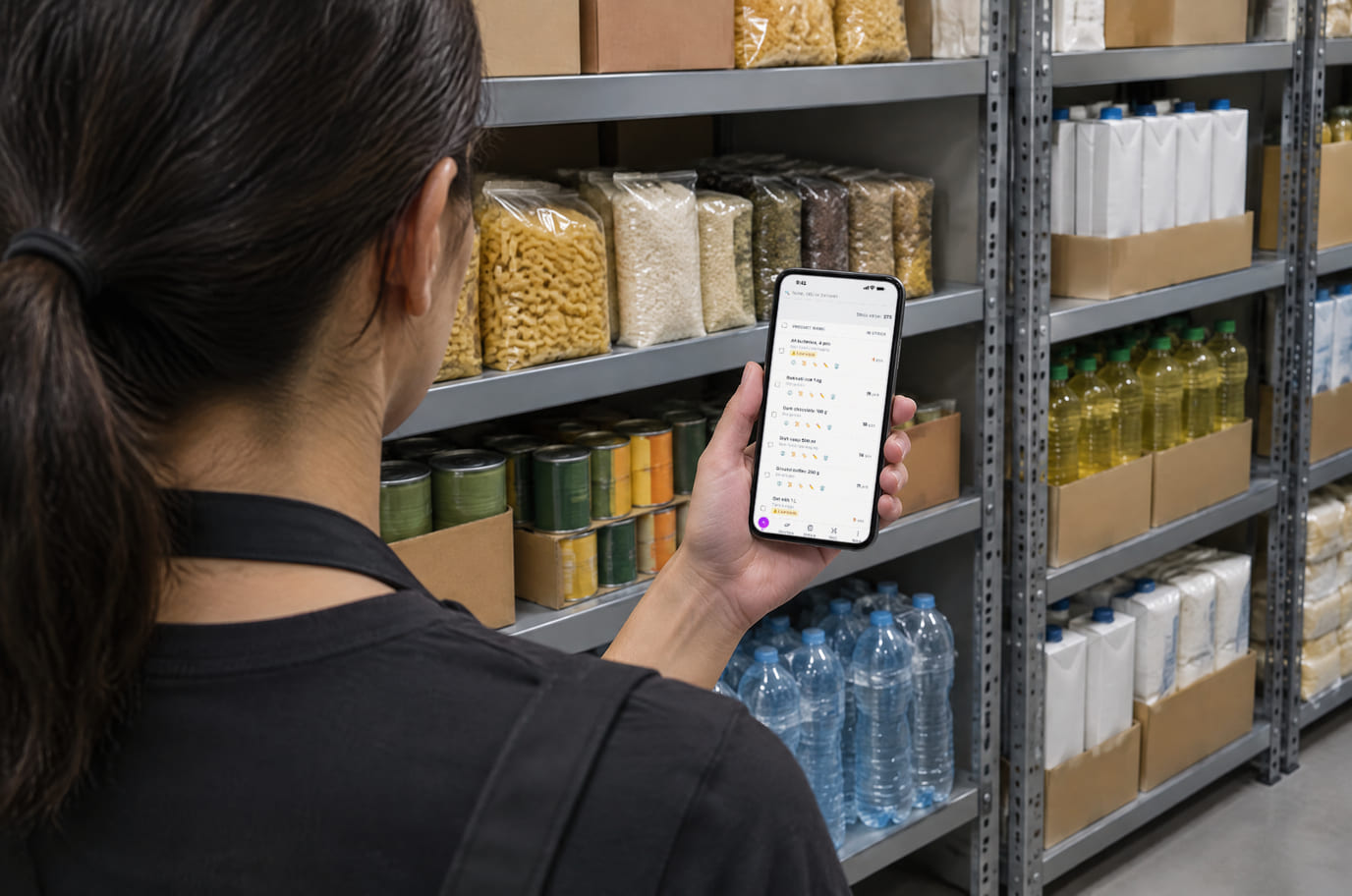 A shop worker in the stockroom checks stock levels on a phone next to shelves of grains, cans and water