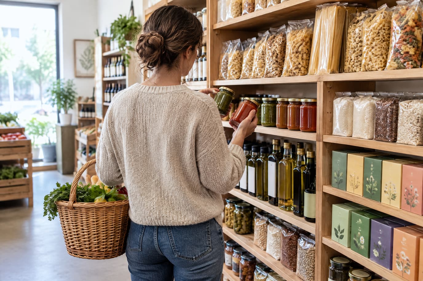 Покупательница с корзиной выбирает товар в проходе небольшого продуктового магазина у дома