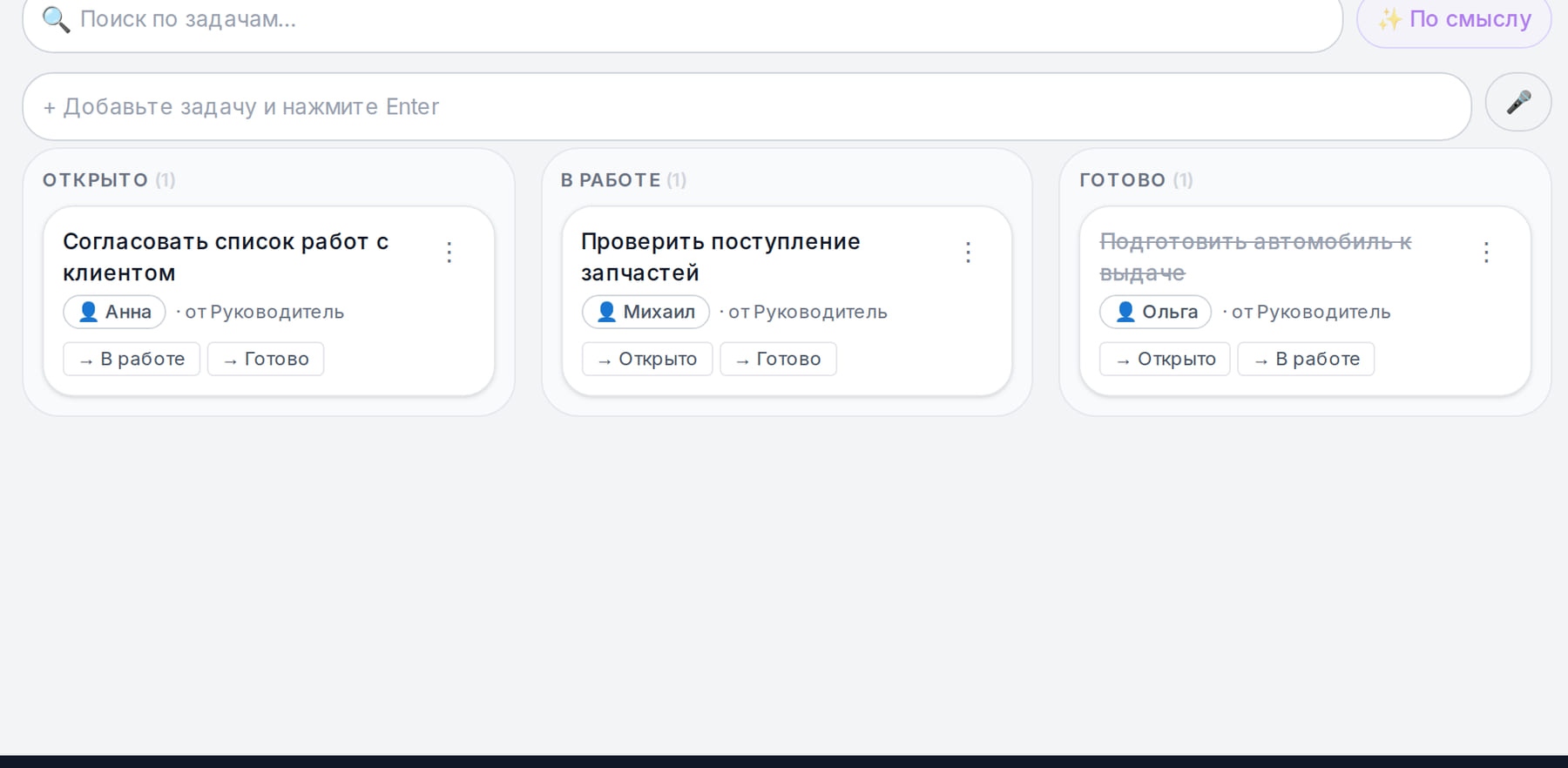 Доска задач автосервиса: согласовать работы с клиентом, проверить поступление запчастей