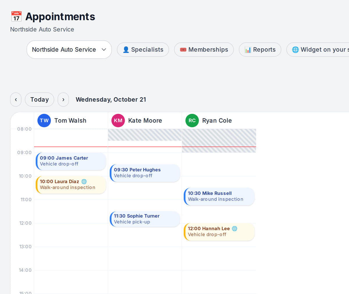 Auto service booking journal: a column per service advisor with vehicle drop-offs, inspections and pick-ups by time