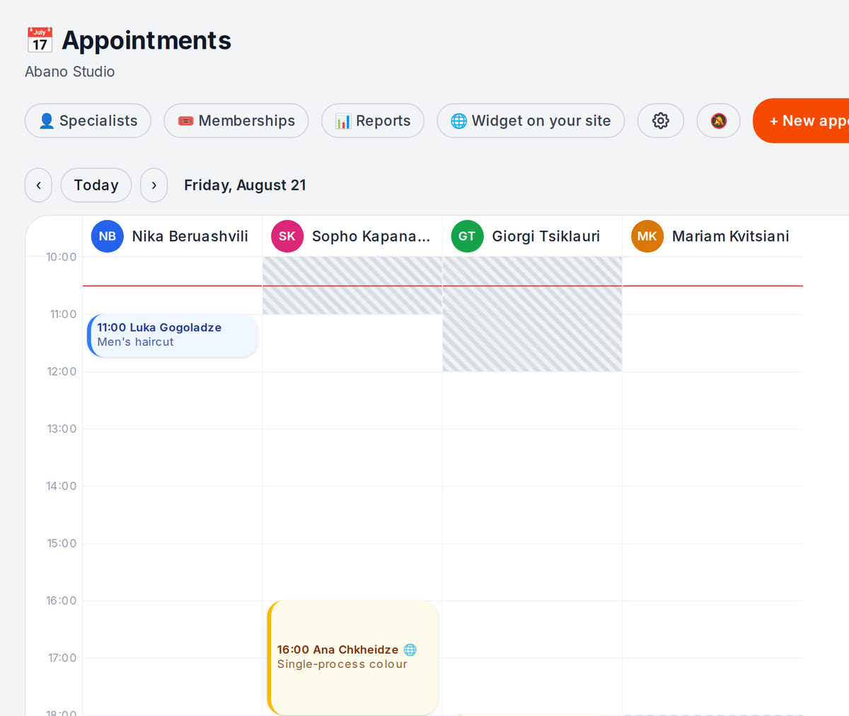 A salon appointment book: staff in columns and client bookings for the day