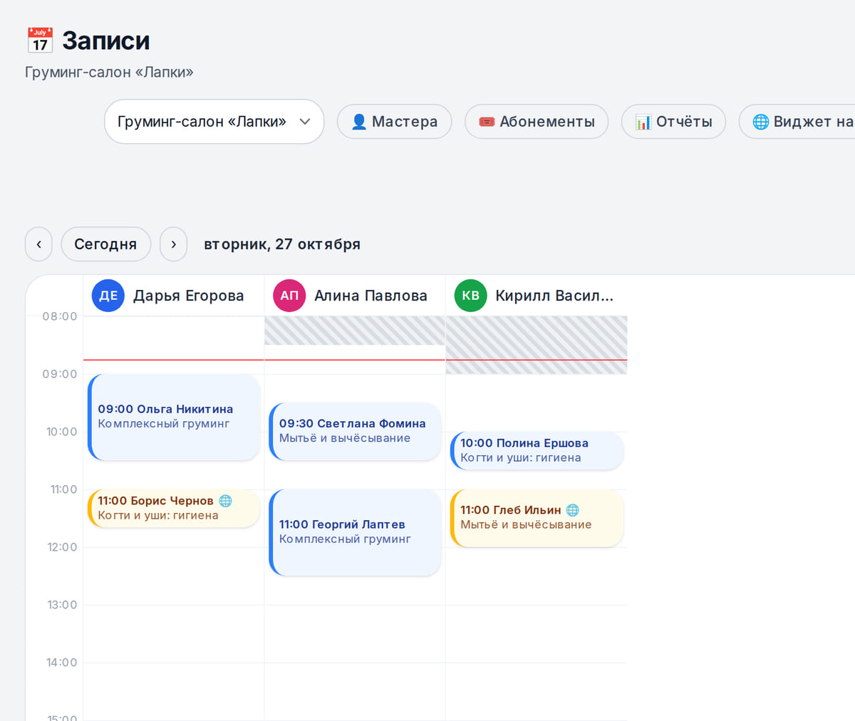 Журнал записи груминг-салона: грумеры в колонках, комплексный груминг, мытьё и стрижка когтей по времени
