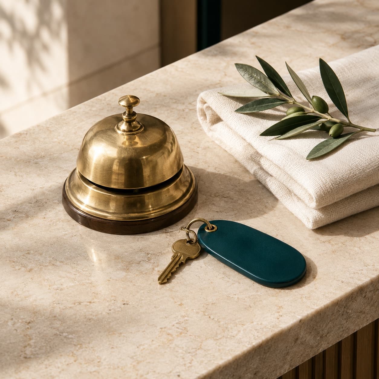 Звонок ресепшна, ключ с зелёным брелоком и сложенные полотенца на каменной стойке гостевого дома