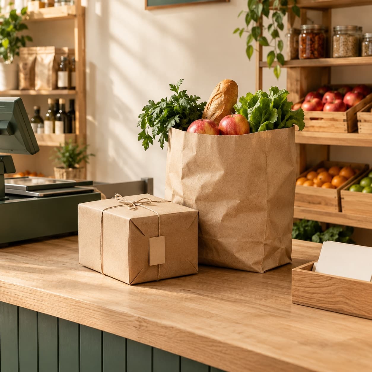 Посылка в крафт-бумаге и пакет продуктов на деревянном прилавке магазина; рядом касса и полки с товаром