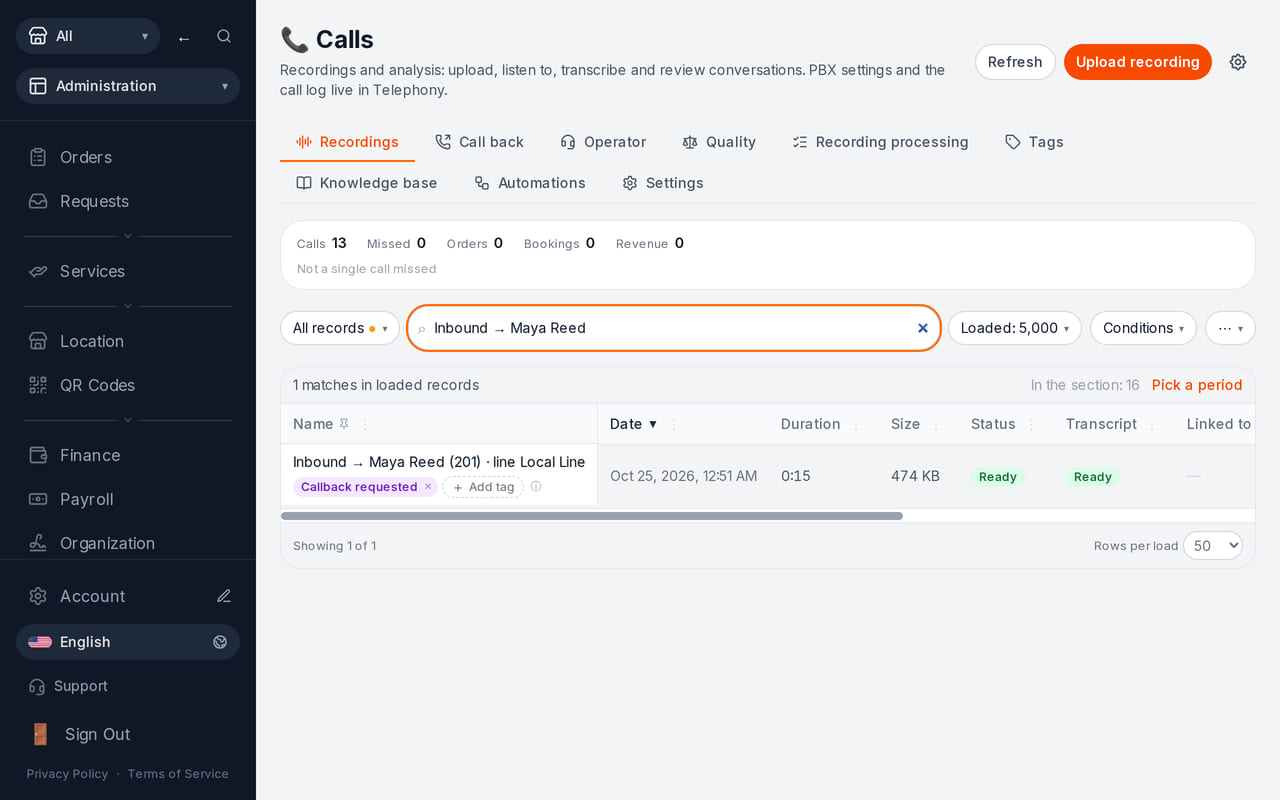 The calls list, searched by record name, shows one completed recording with a Callback requested tag in its row.