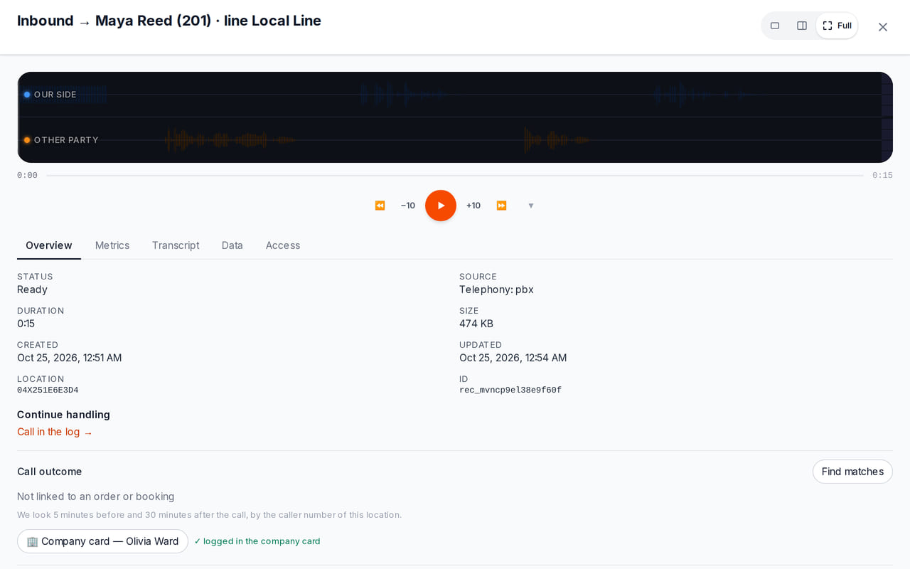 A completed call record shows an audio player with the recording waveform, conversation duration and playback control.