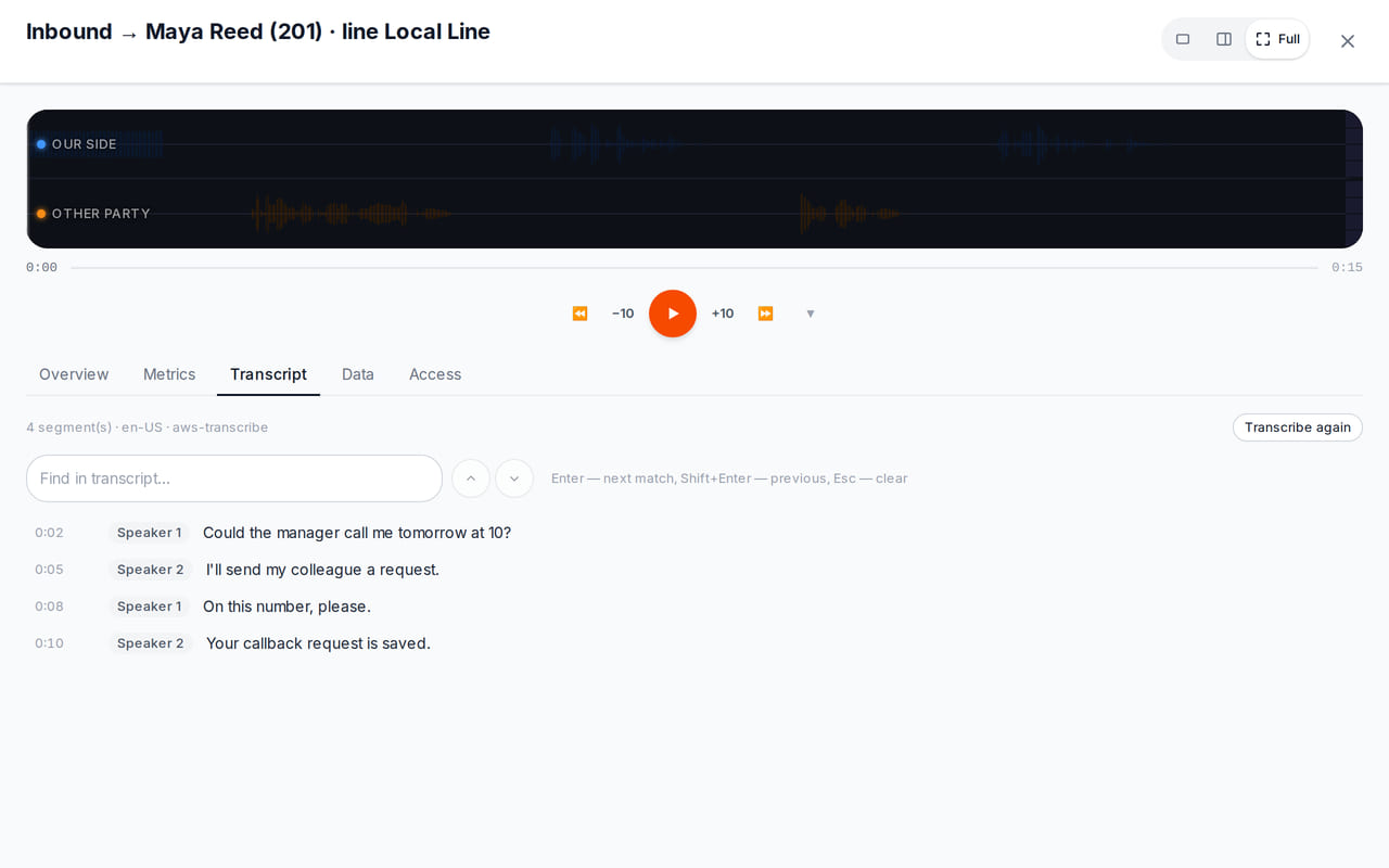 Beneath the call’s audio player, the transcript tab shows the completed text of a request for a callback tomorrow.