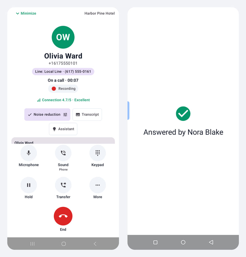 Two phones side by side: one employee is talking with the guest, and the other phone shows “Answered by” with the coworker’s name.