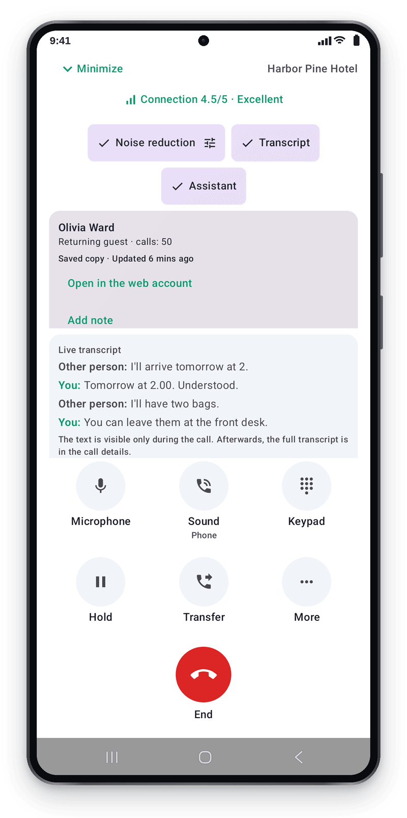 Live text in the active call shows a guest arriving tomorrow at two and bringing two bags to the front desk.