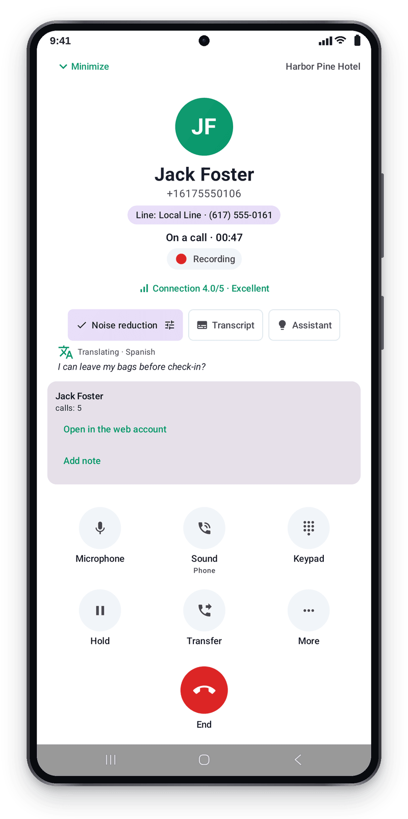 A phone shows Spanish–English voice translation enabled, with the latest translated phrase beneath the call status.
