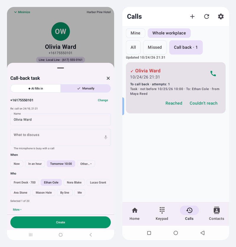 Left: a callback form over an active call with the guest’s number, tomorrow at 10:00 and the manager selected. Right: the manager’s Call back list with the task for that number.