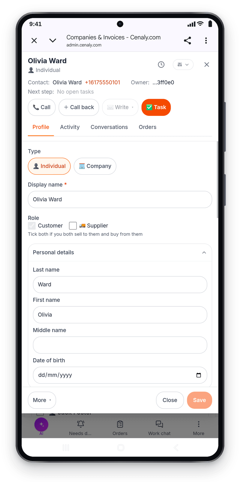 The guest’s customer record opened from the call in the web workspace: name, phone number and buttons to call, schedule a callback or add a task.
