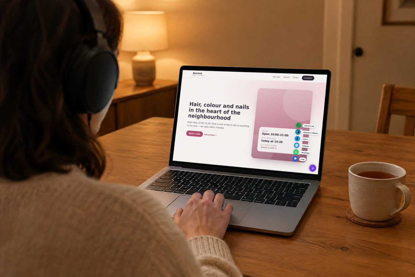 A visitor at home wearing headphones picks Call from site in the multibutton on a salon website