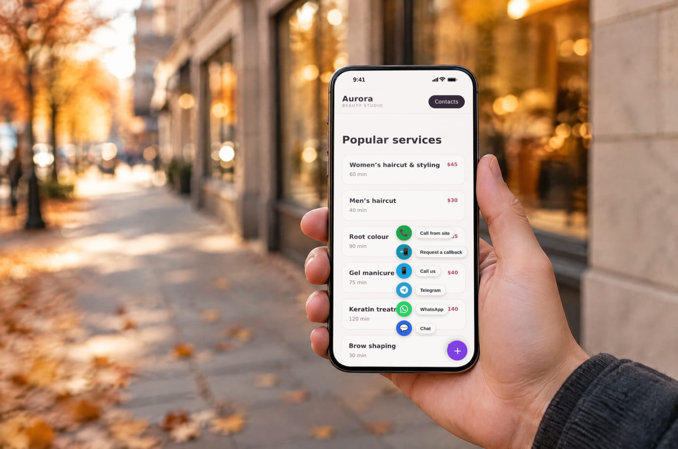 A passer-by opens a salon website on a phone and expands the multibutton with ways to get in touch