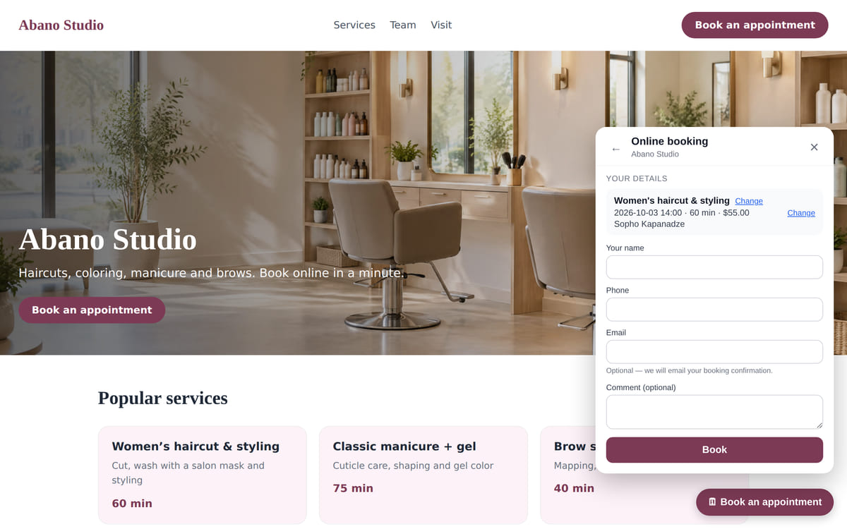 A beauty salon website with the online booking panel: a women’s haircut, time, master and price chosen, contacts left to fill in