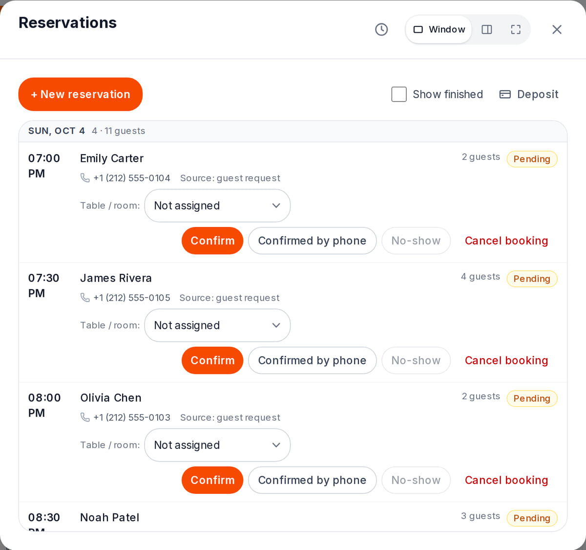 Reservations in the dashboard: website requests for Sunday with time, guest, phone, party size and confirm buttons