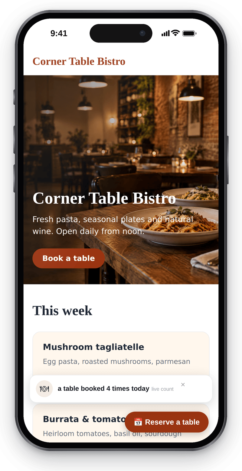 A “table booked 4 times today” card on a visitor’s phone over the bistro website, above the booking button