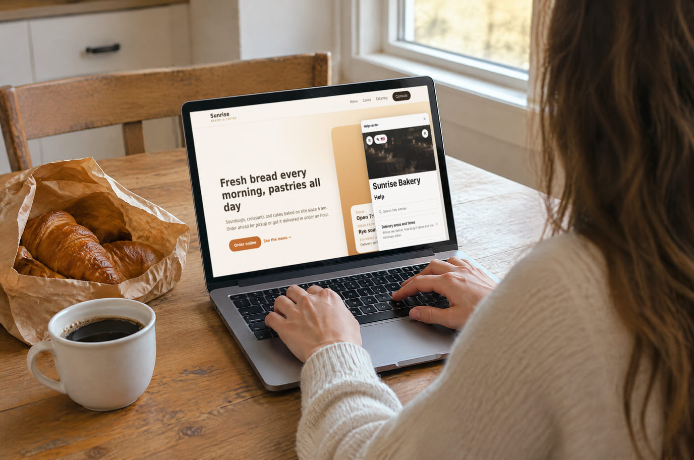A customer at a kitchen table reads the bakery’s delivery help on a laptop