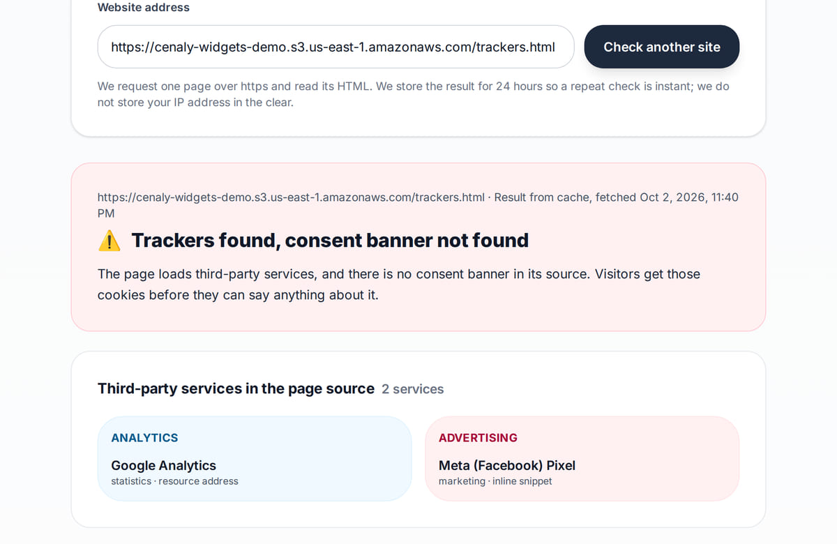 Free website check: Google Analytics and the Meta pixel found, no consent banner