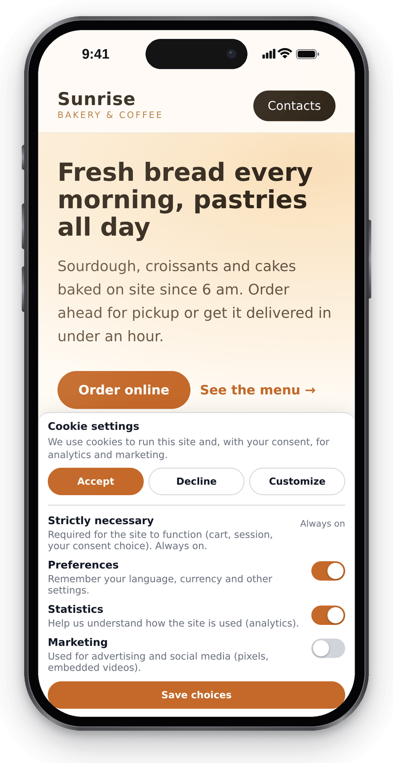 Cookie settings on a phone: necessary always on, preferences and statistics on, marketing off