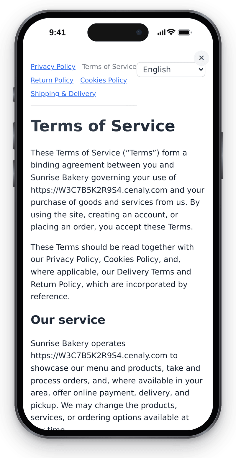 A legal documents modal on a phone: the document list, a language switcher and the terms of sale